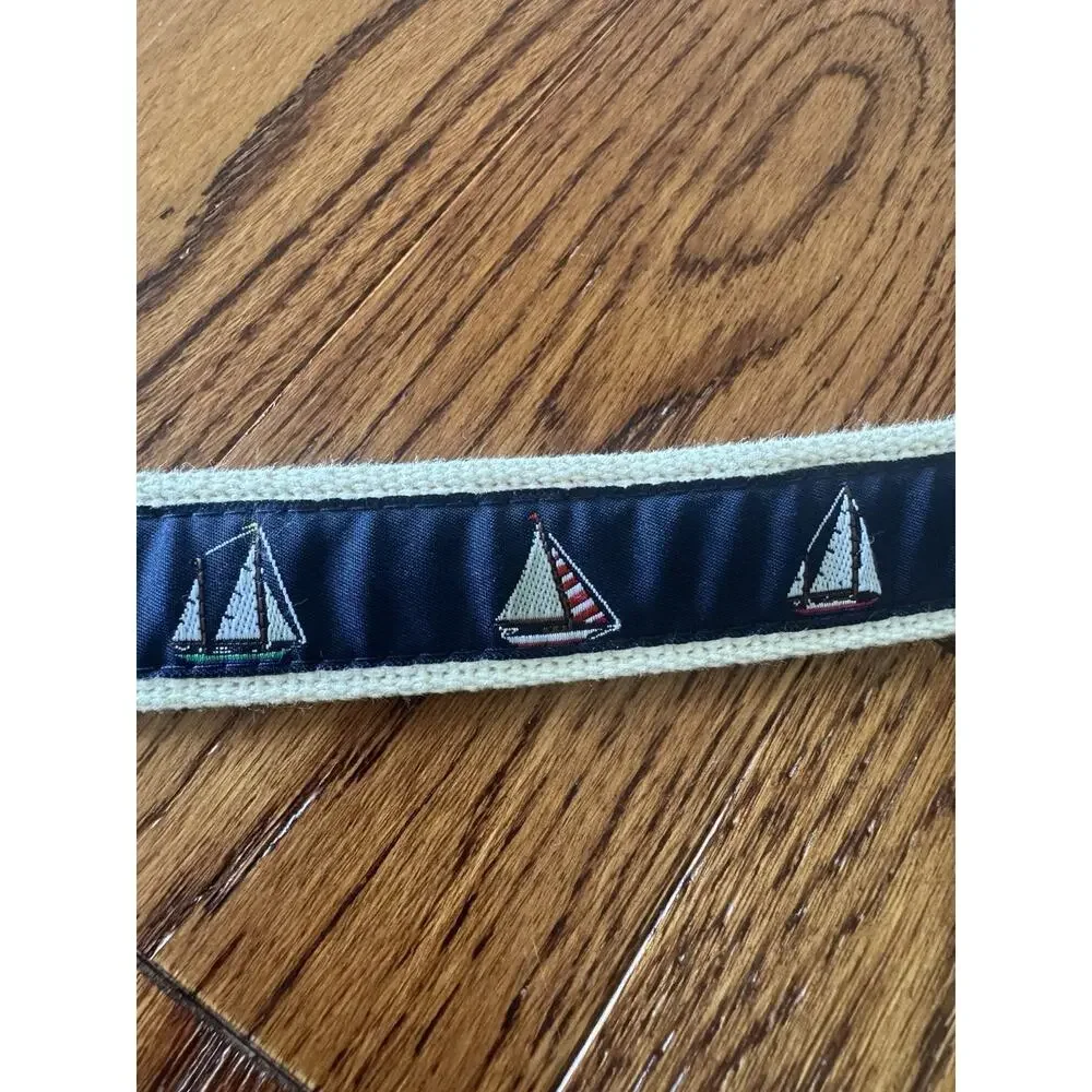 Sailboats Nautical Leather Tip Belt Mens 30 Khaki Web Brass Buckle Embroidered
